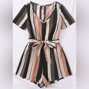 SHEIN Keyhole Back Striped Belted Romper